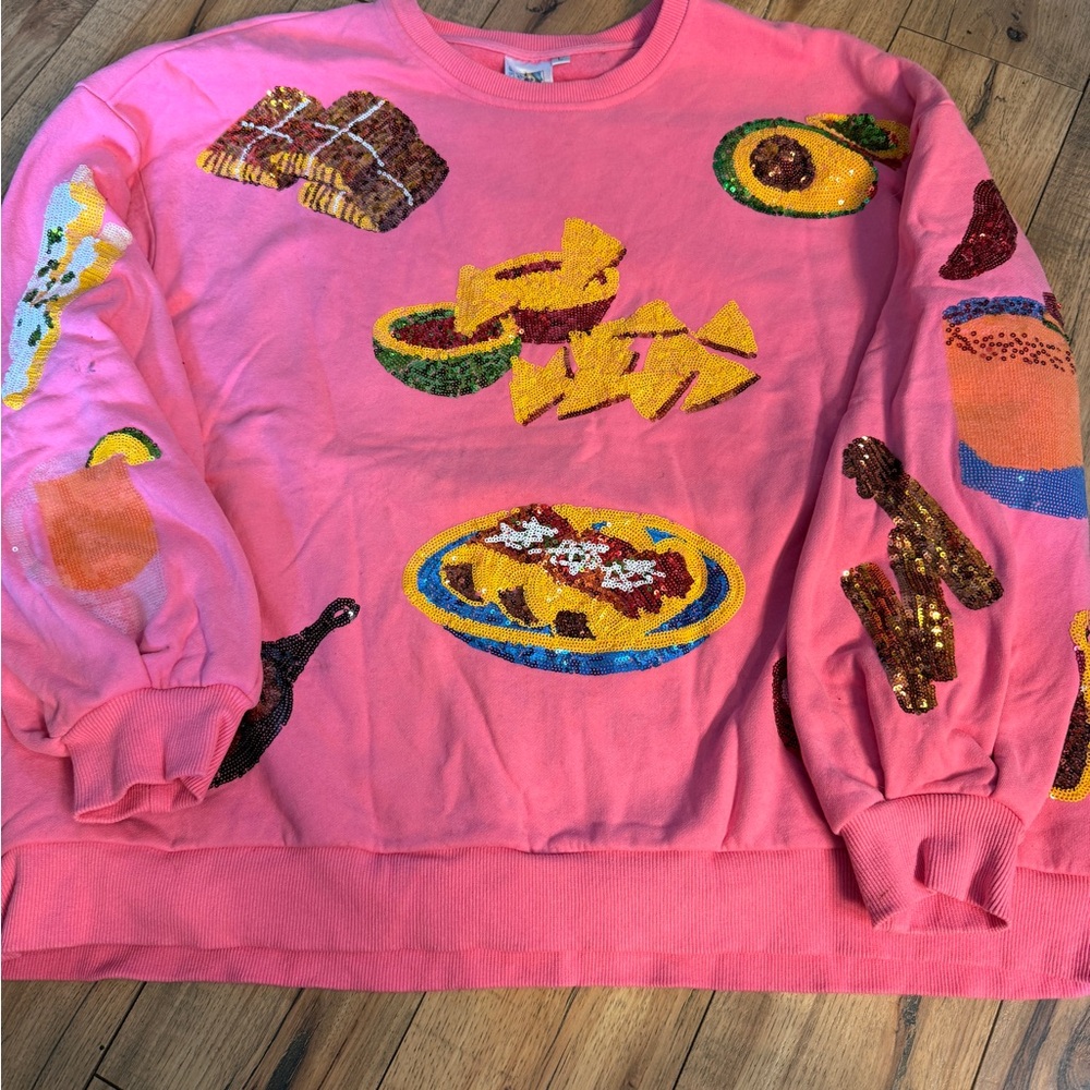 QUEEN OF SPARKLES Pink Sequin Food Appliqué Crewneck Sweater